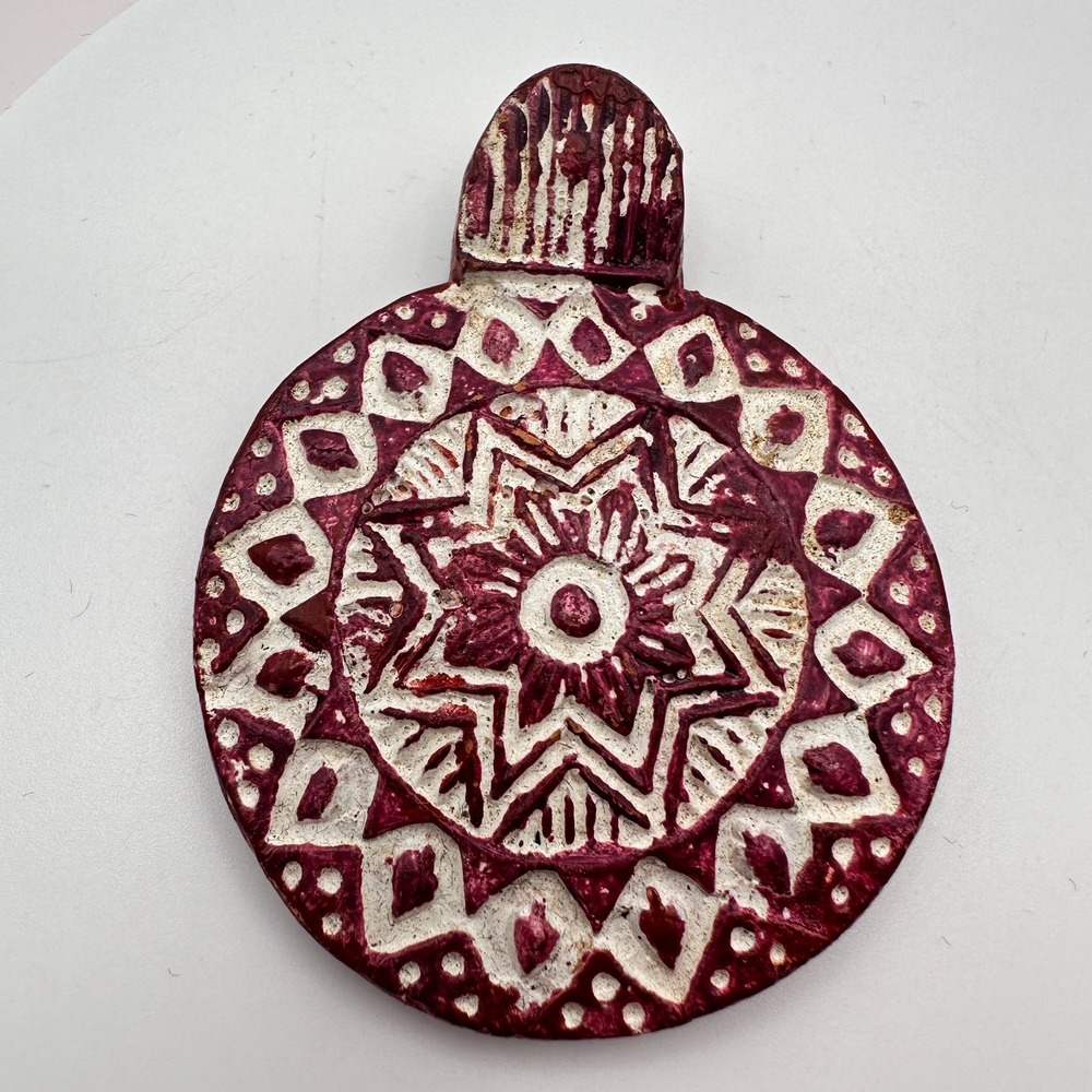 Vintage 90s Hand Painted Mandala Pendant Geometric Boho Women's Jewelry
